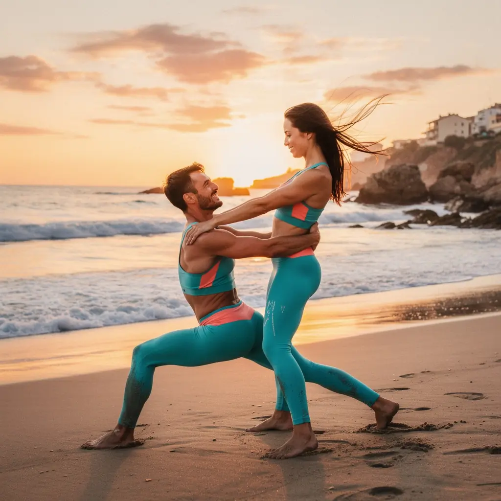 Grupo de estudiantes de yoga en una sesión, ejecutando secuencias atléticas en un ambiente luminoso.
