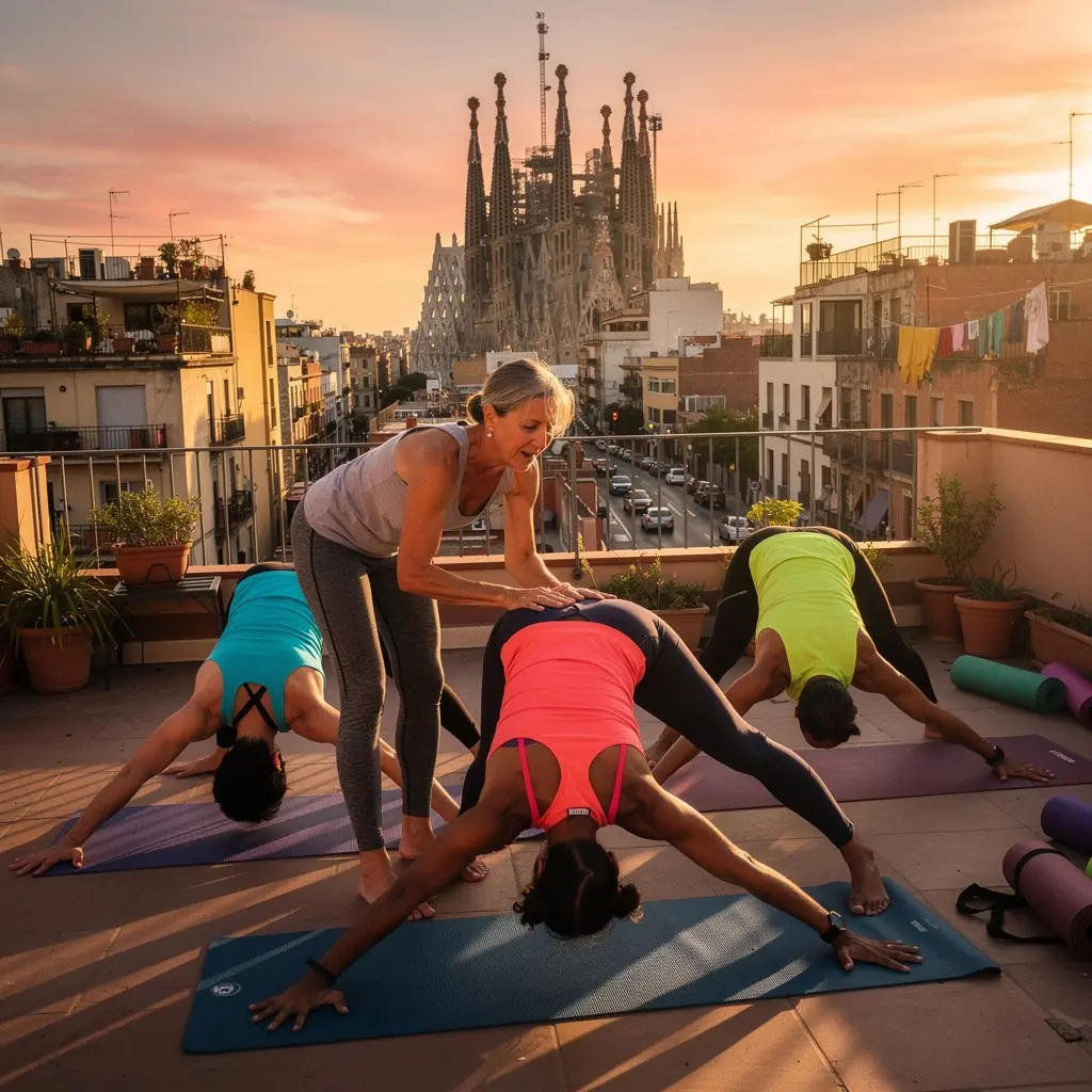 Entrenador de yoga demostrando una postura avanzada, con un enfoque en la técnica y la alineación del cuerpo.