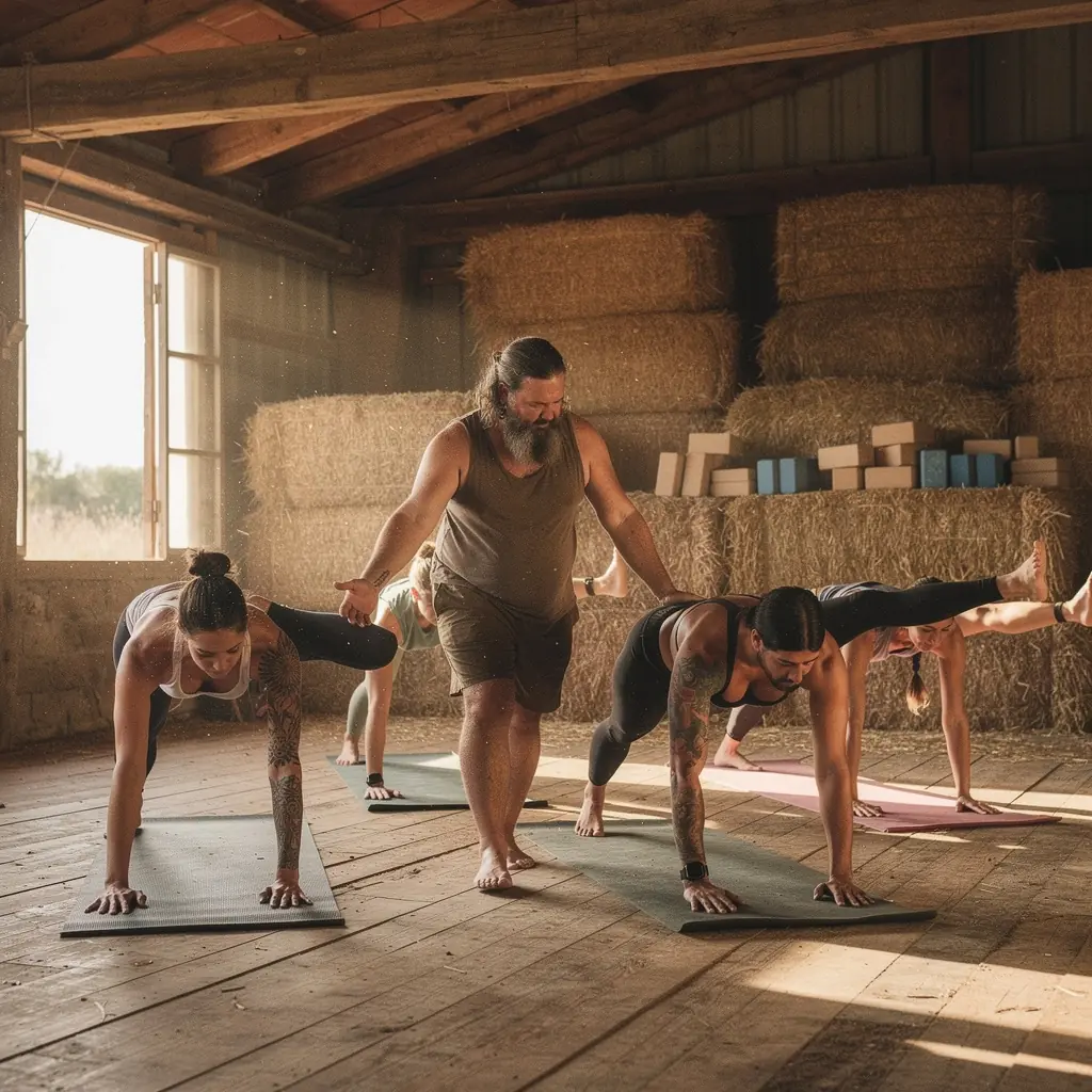 Un instructor guiando a los participantes a través de secuencias de posturas atléticas en un estudio iluminado.