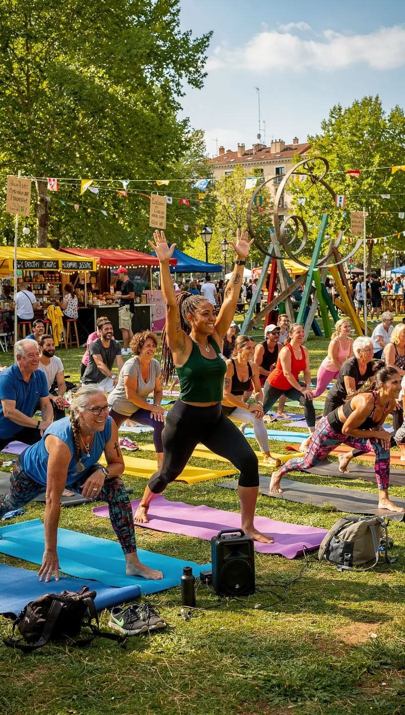 Un instructor guiando a los participantes a través de secuencias de posturas atléticas en un estudio iluminado.