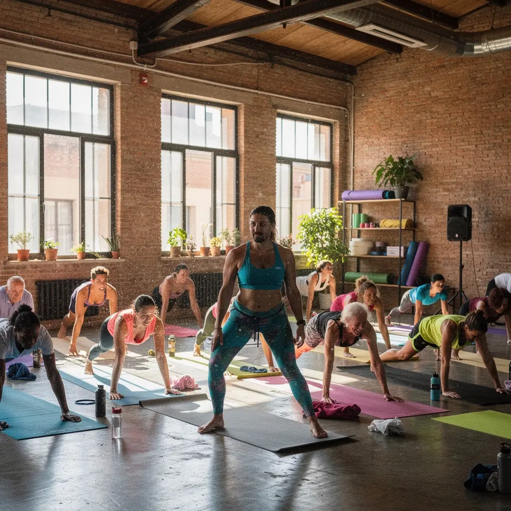 Un instructor guiando a los participantes a través de secuencias de posturas atléticas en un estudio iluminado.