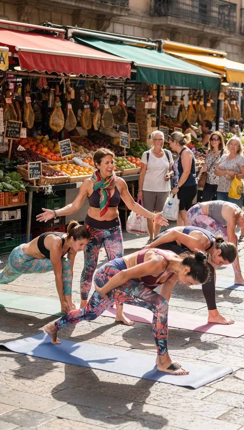 Un instructor guiando a los participantes a través de secuencias de posturas atléticas en un estudio iluminado.