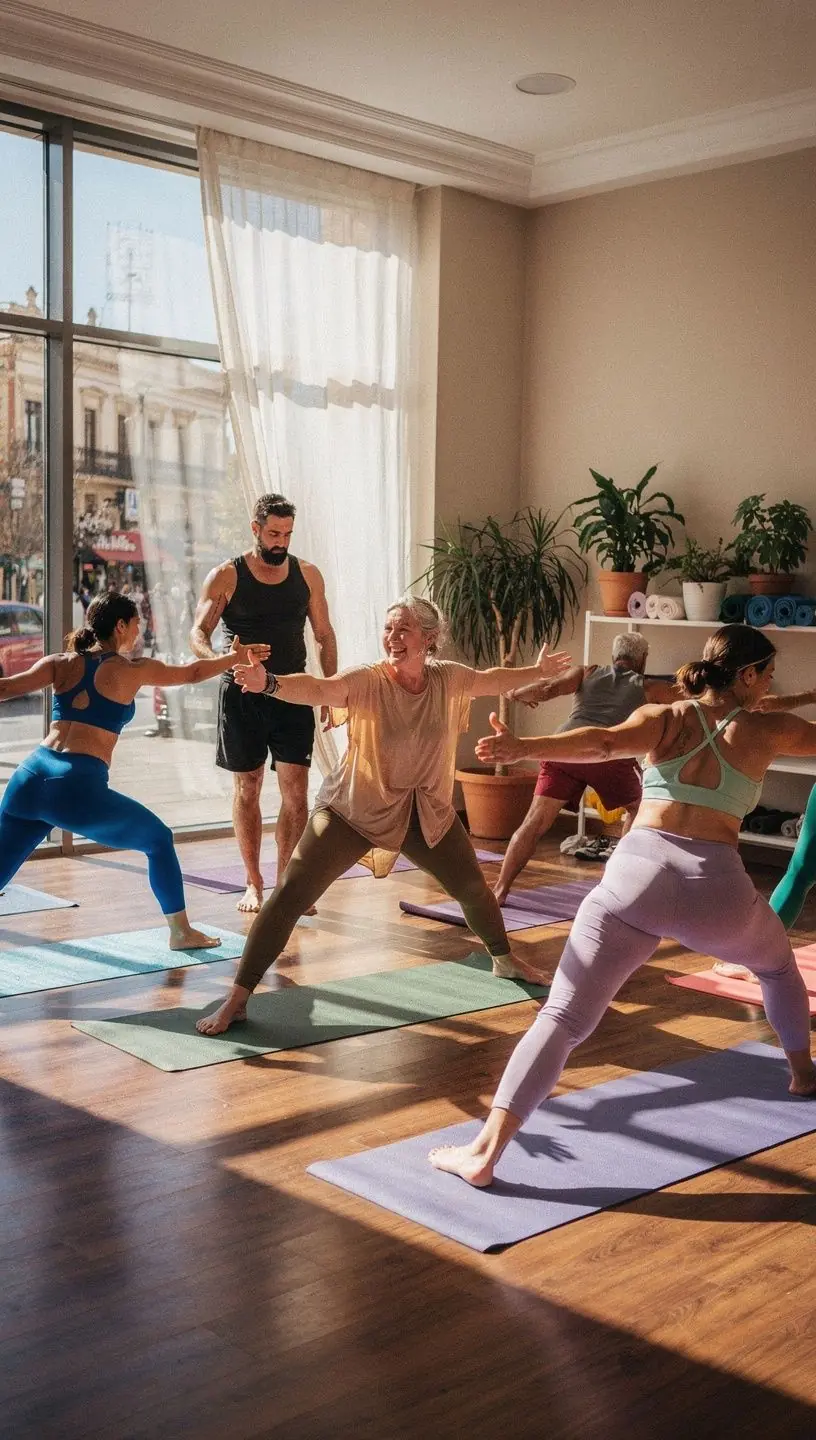 Una pareja de yoguis realizando una postura de equilibrio en una clase de yoga dinámico.